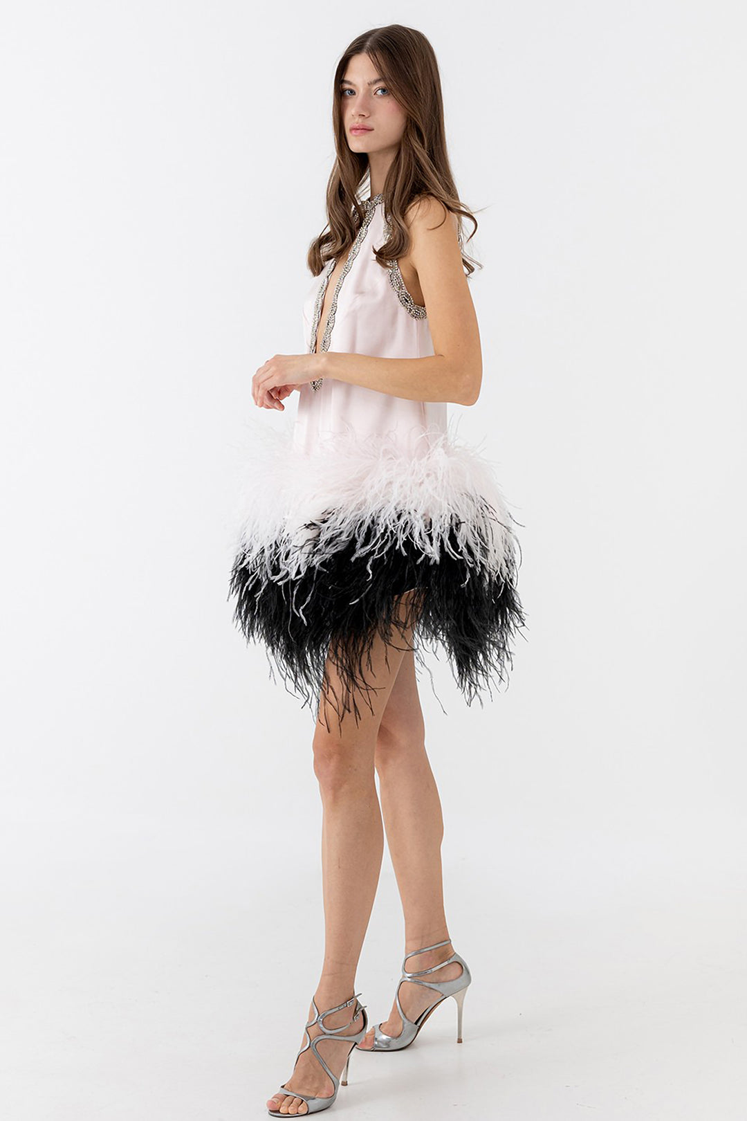 Feather Mini Dress with Crystal Halter Neckline