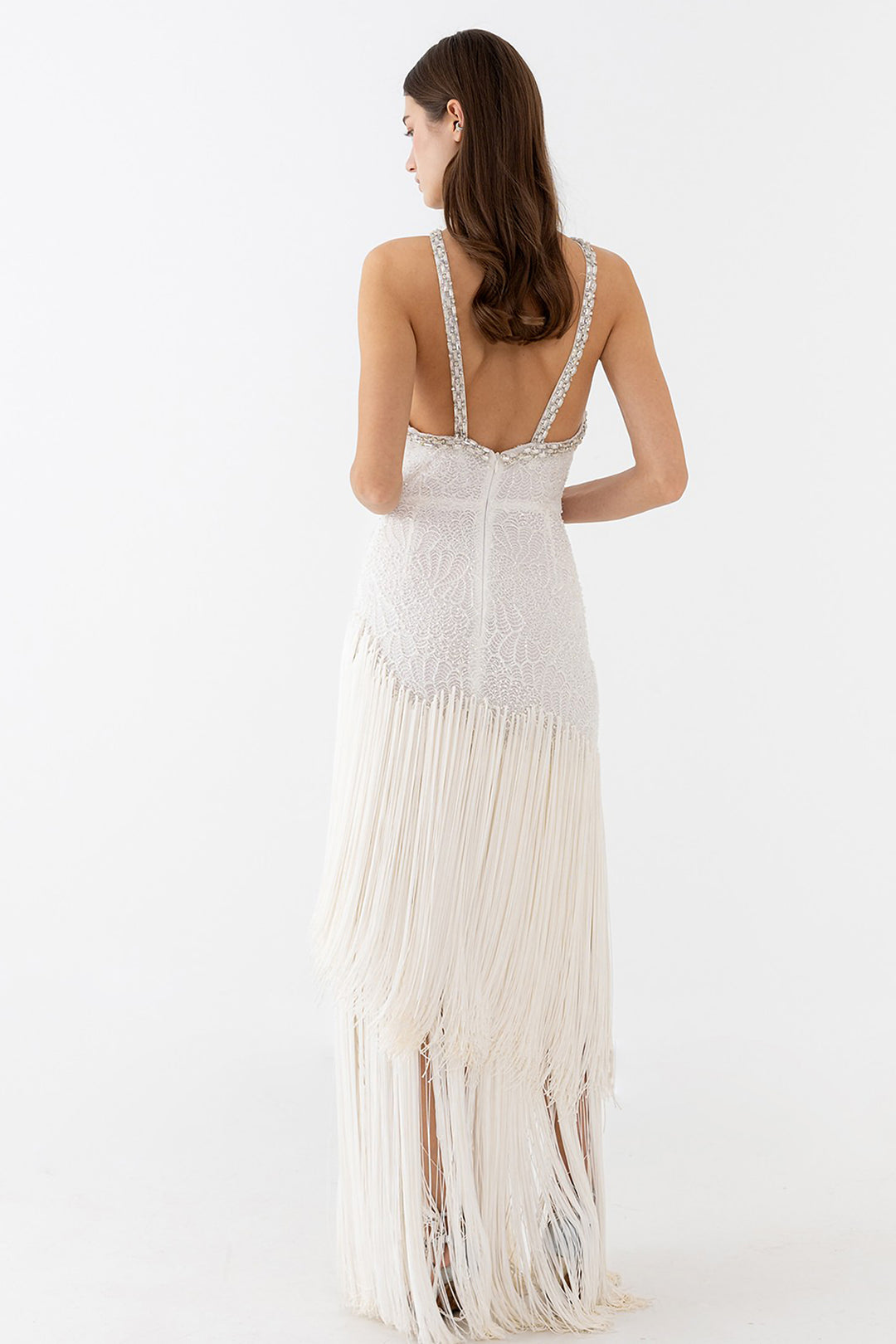 Halter Dress with Beaded Embroidery and Fringe