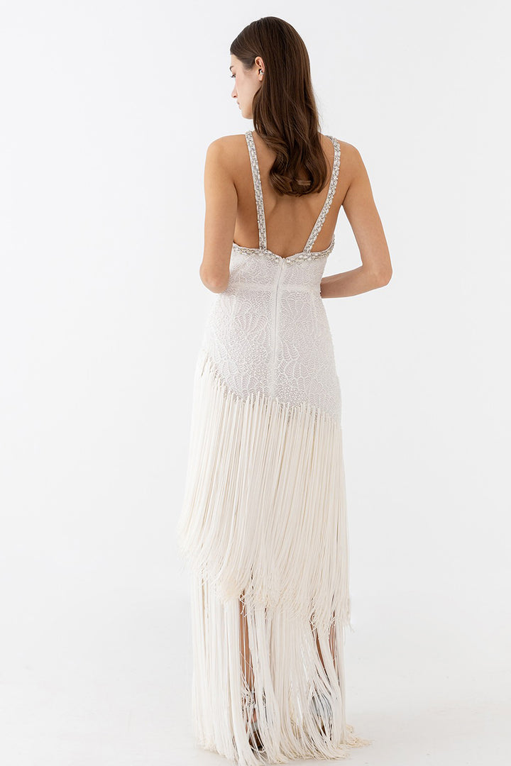 Halter Dress with Beaded Embroidery and Fringe