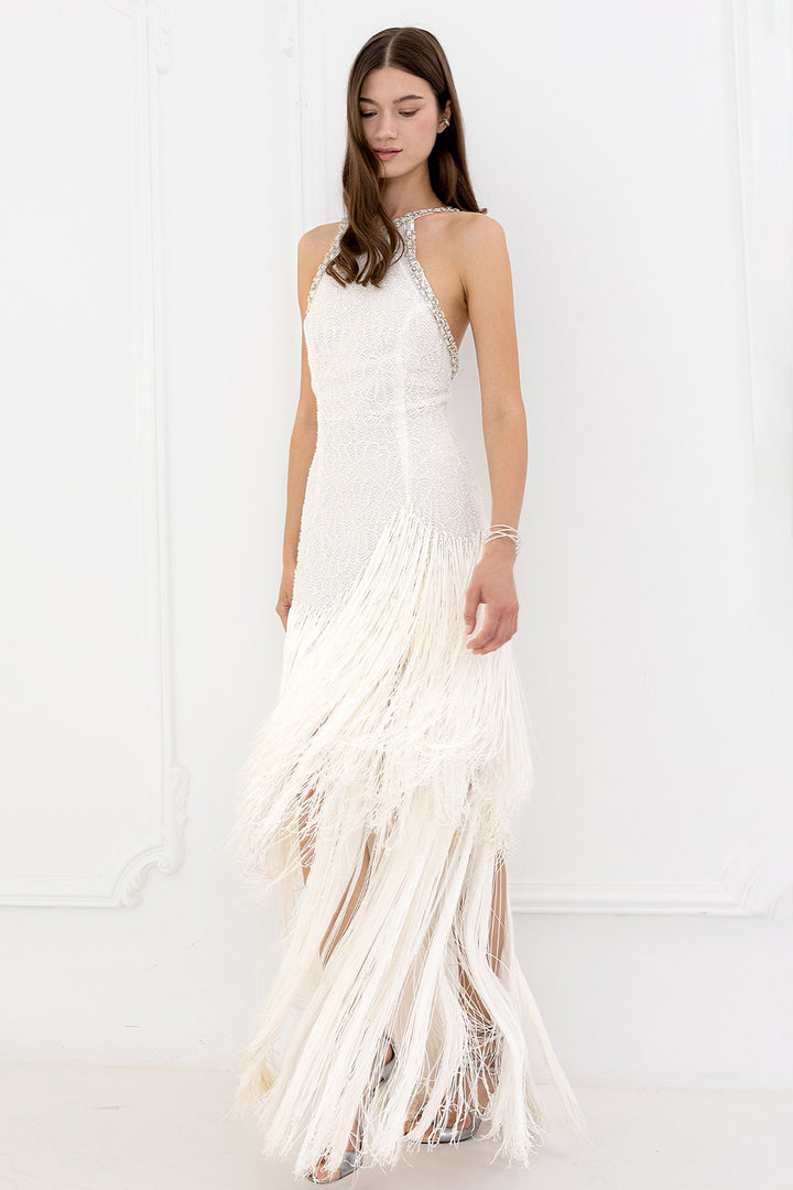 Halter Dress with Beaded Embroidery and Fringe