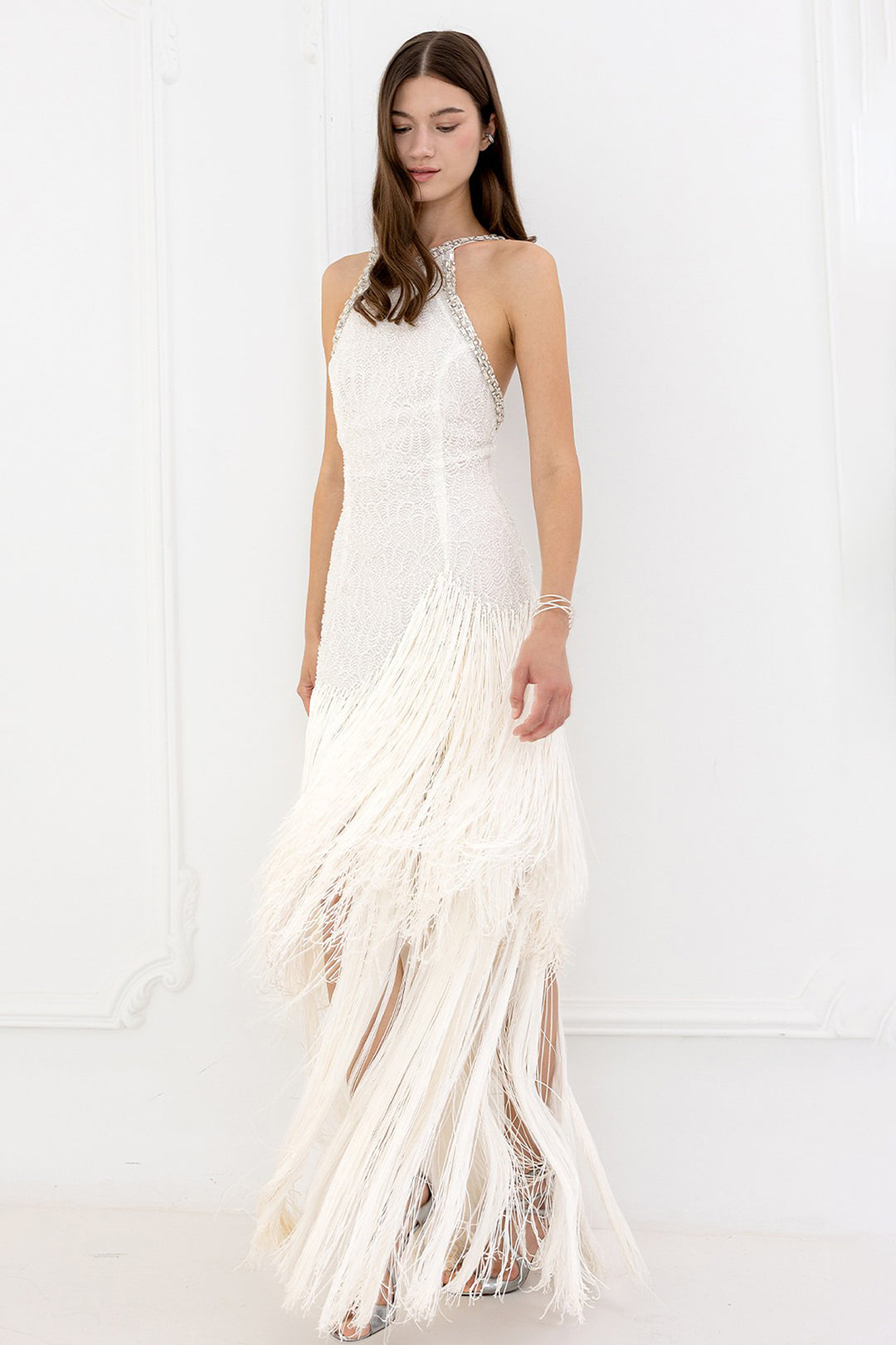 Wedding Dress with Beaded Embroidery and Fringe