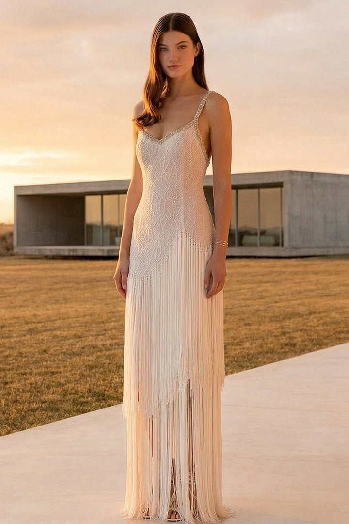 Wedding Dress with Beaded Embroidery and Fringe
