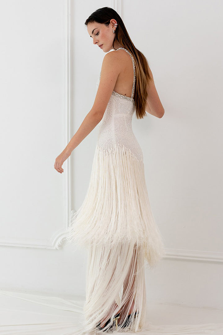 Wedding Dress with Beaded Embroidery and Fringe