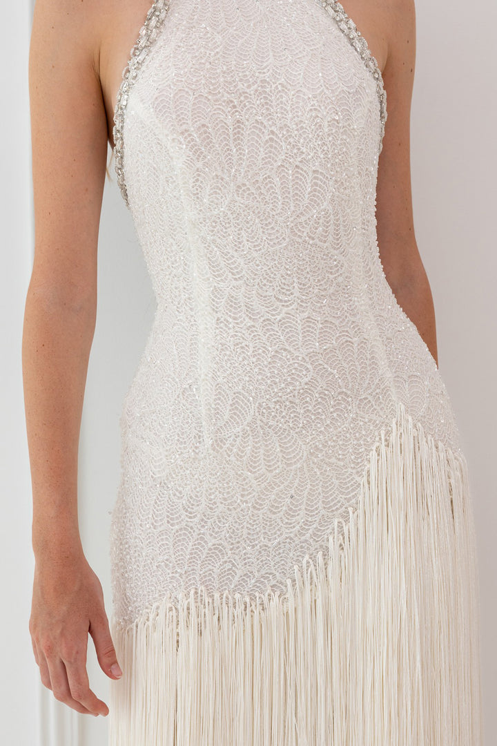 Halter Dress with Beaded Embroidery and Fringe