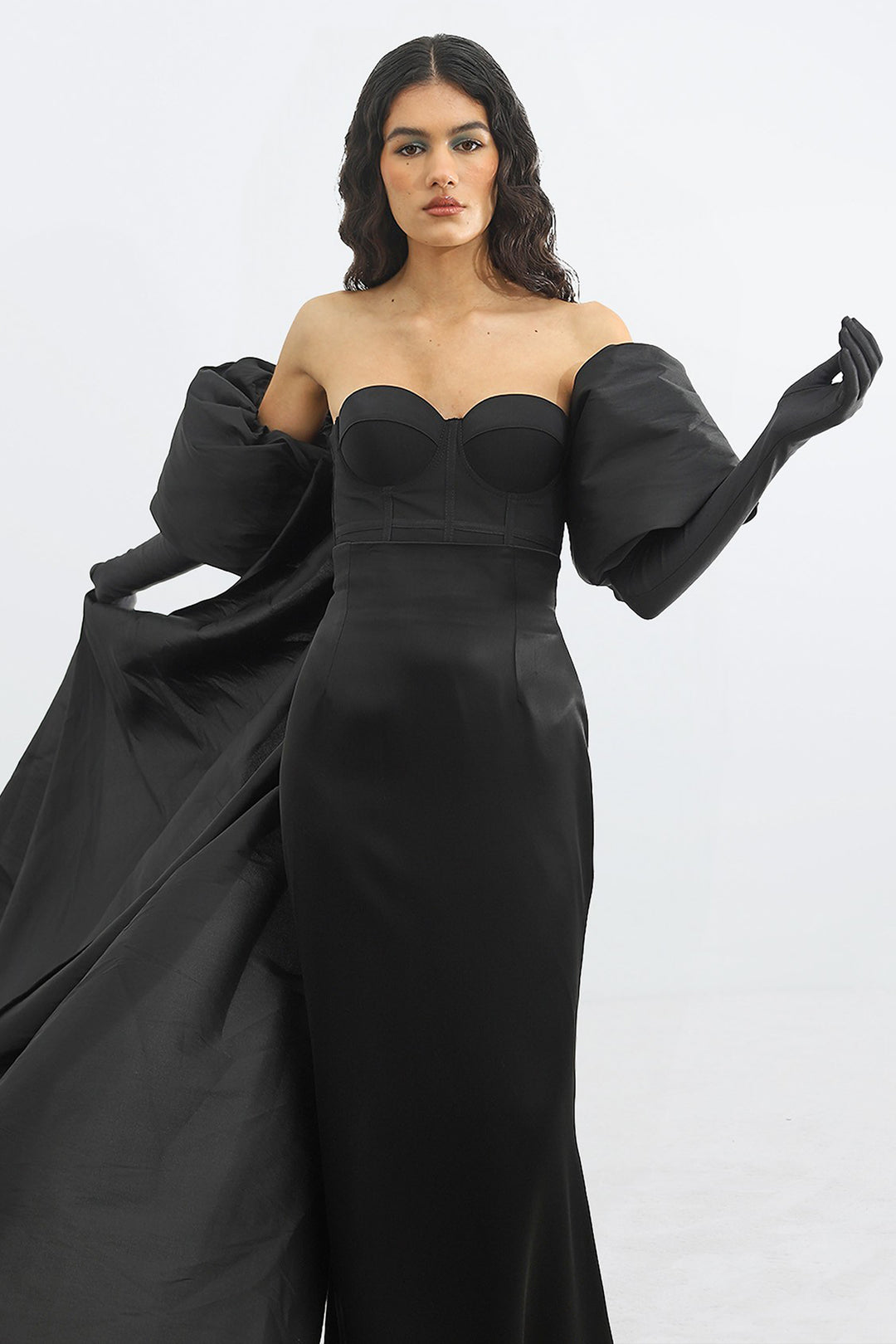 Strapless Dress with Cape and Puffed Gloves