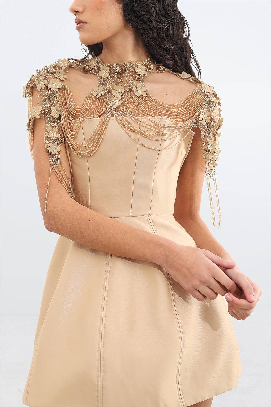 Mikado with Crystals and Flowers Embroidered Dress
