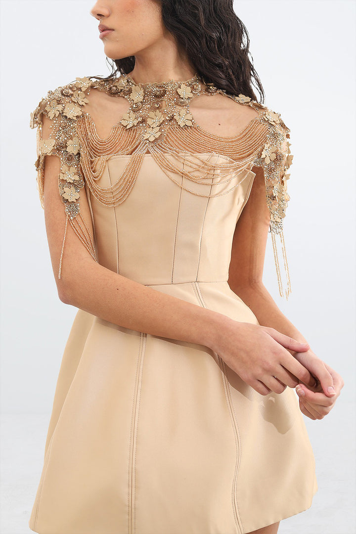 Mikado with Crystals and Flowers Embroidered Dress