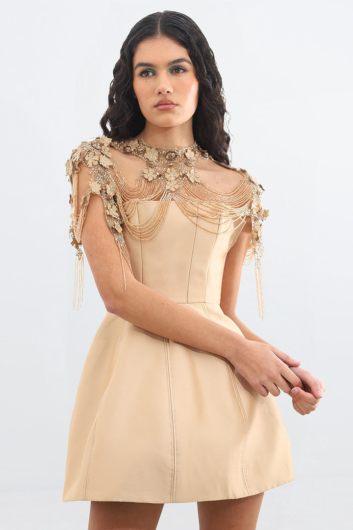 Mikado with Crystals and Flowers Embroidered Dress
