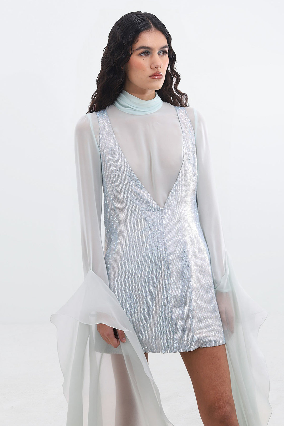 Crystal-Embellished Mini Dress with V-Neckline Blue / FR 46
