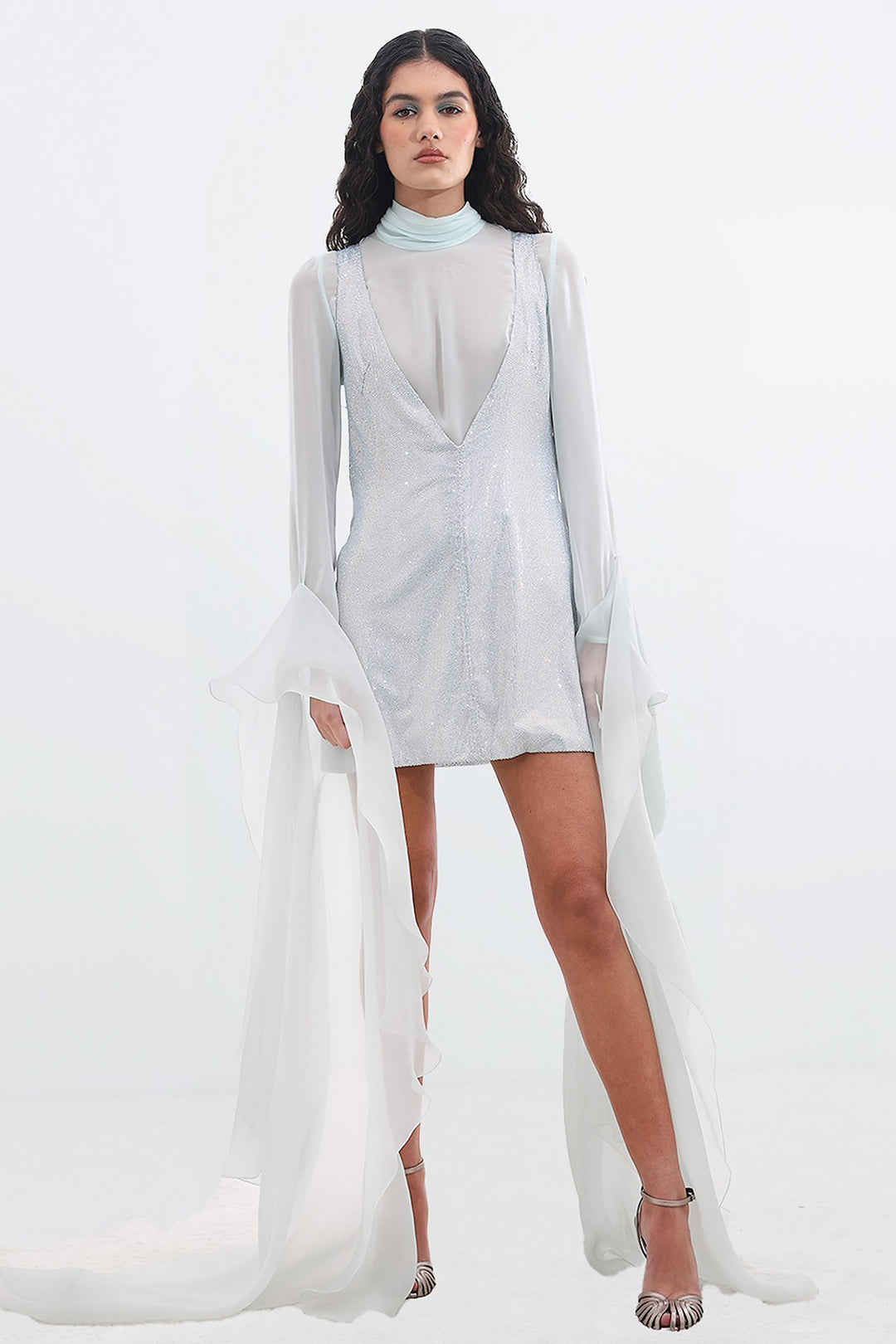 Crystal-Embellished Mini Dress with V-Neckline