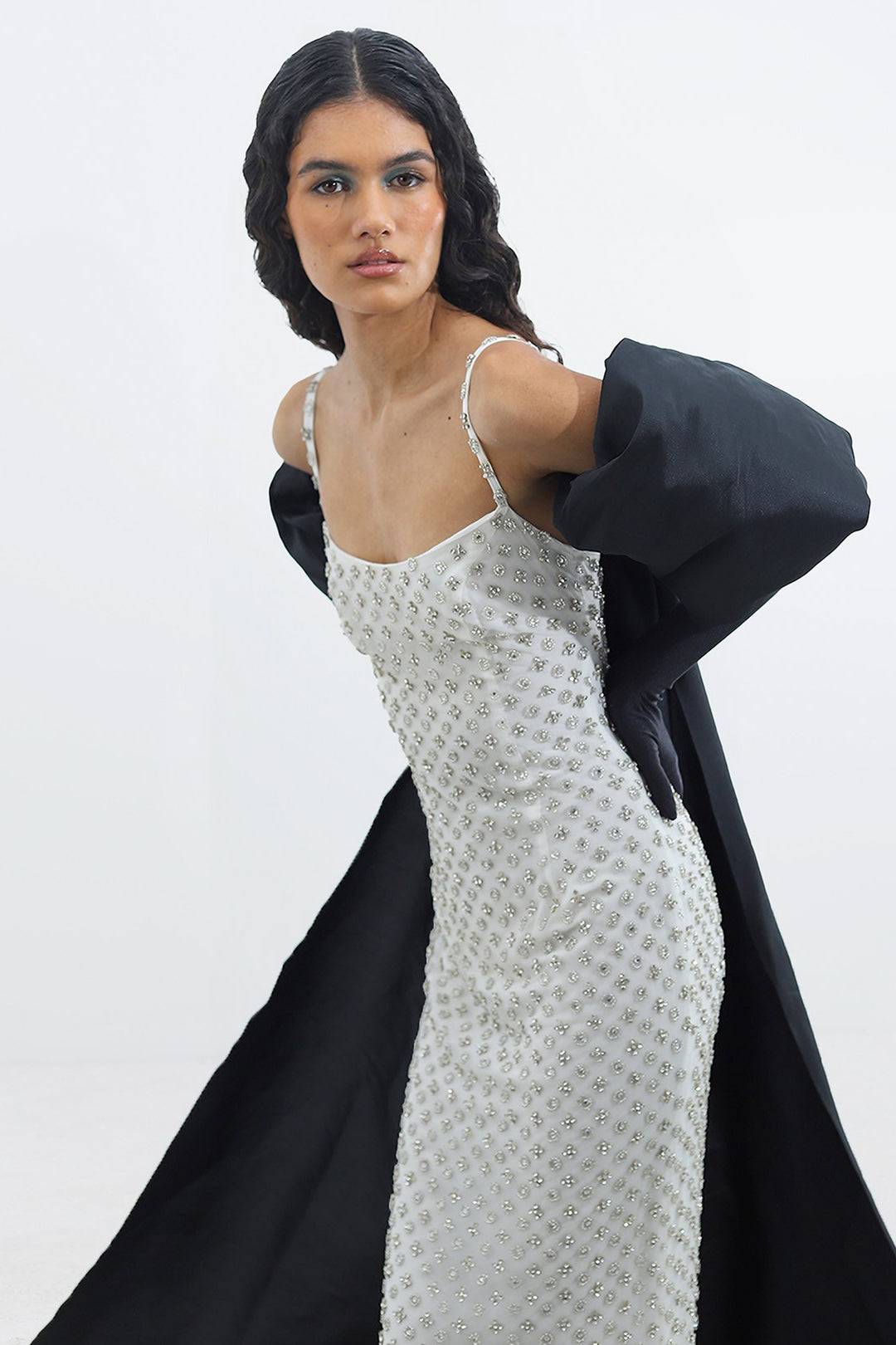 Satin Crepe Dress with Rhinestone Appliqués