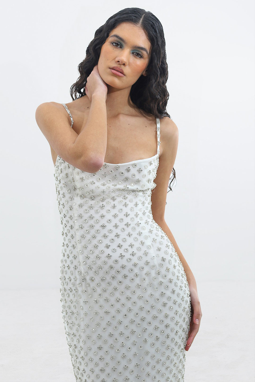 Satin Crepe Dress with Rhinestone Appliqués