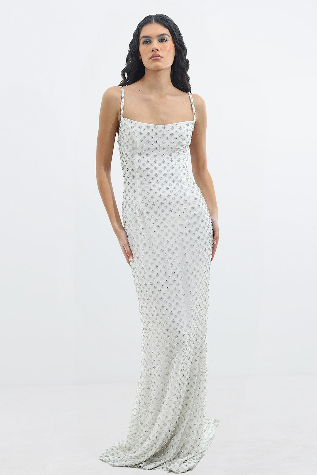 Satin Crepe Dress with Rhinestone Appliqués