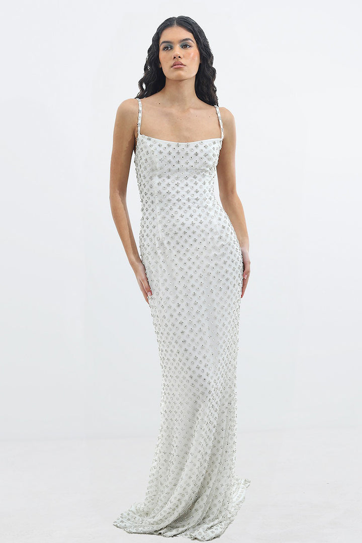 Satin Crepe Dress with Rhinestone Appliqués
