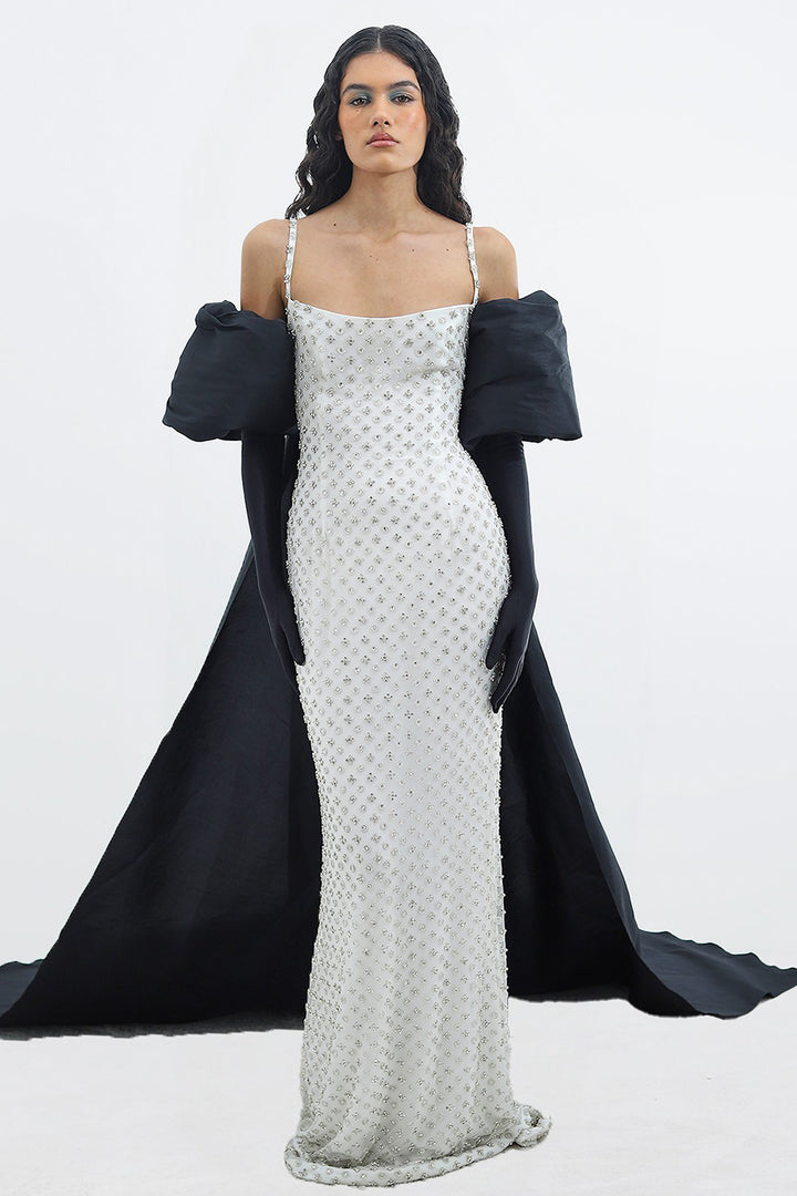 Satin Crepe Dress with Rhinestone Appliqués