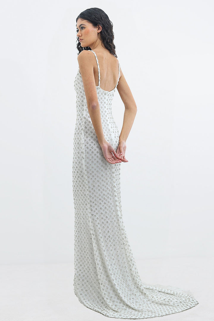 Satin Crepe Dress with Rhinestone Appliqués