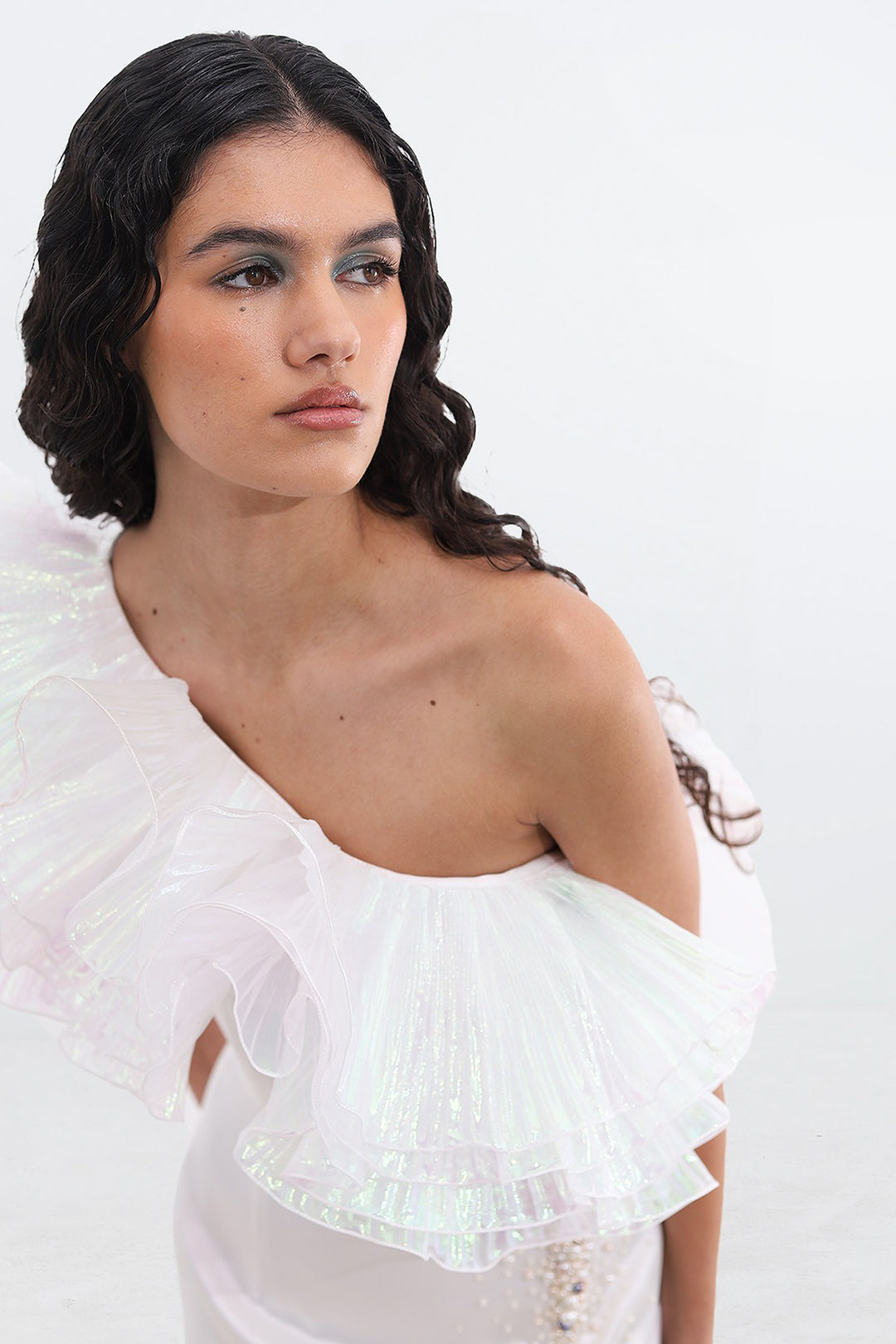 Long Asymmetric Dress with Pearl and Organdy Ruffle