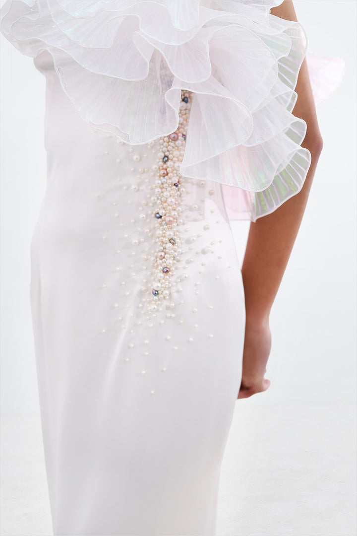 Long Asymmetric Dress with Pearl and Organdy Ruffle