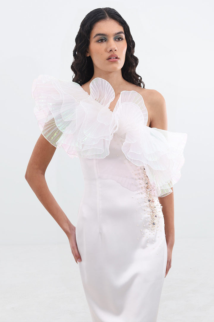 Long Asymmetric Dress with Pearl and Organdy Ruffle