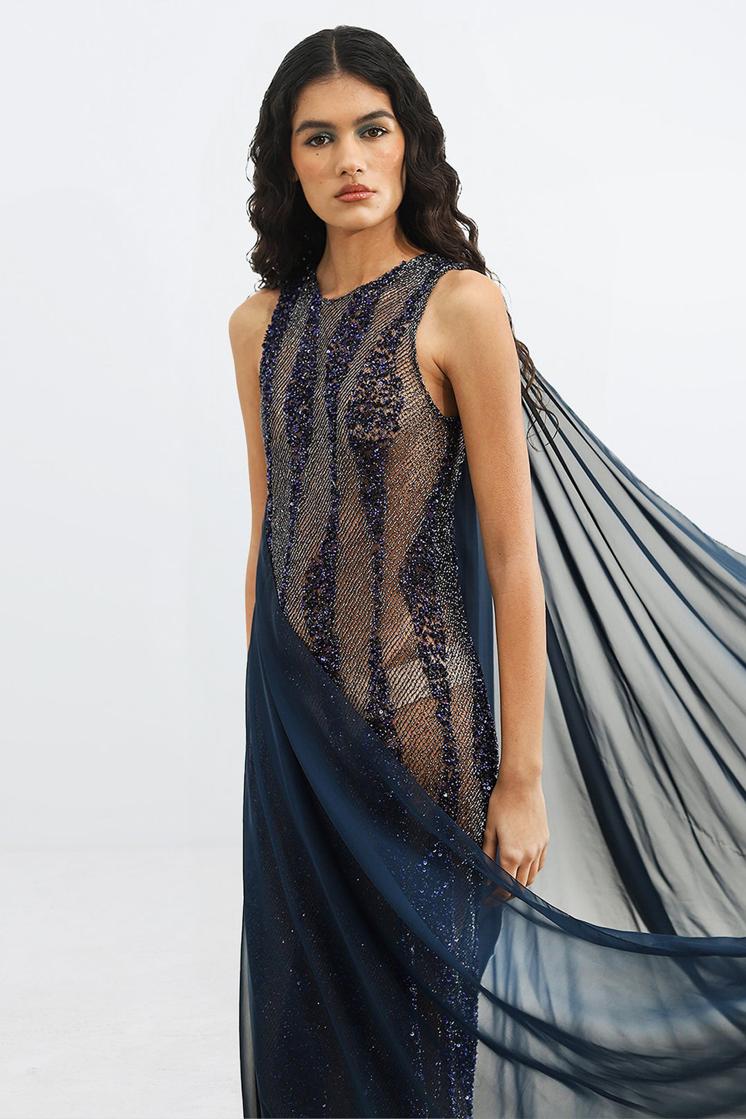 Crystal-Embellished  Long Dress with Cape