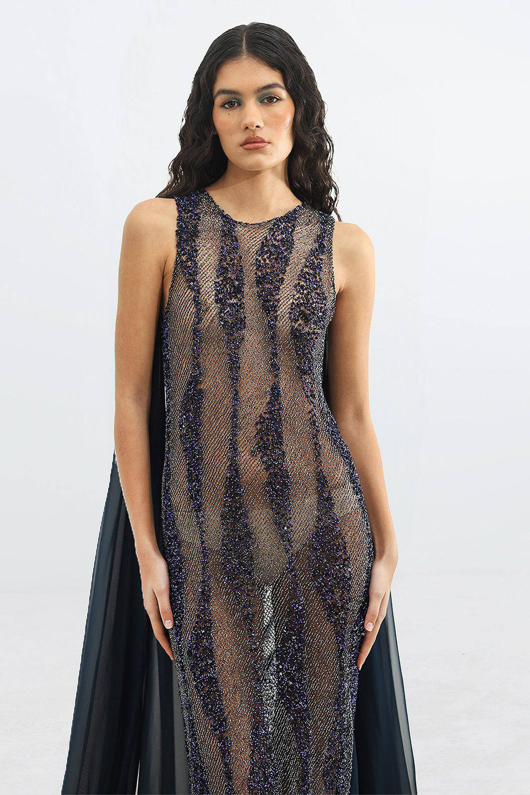 Crystal-Embellished  Long Dress with Cape