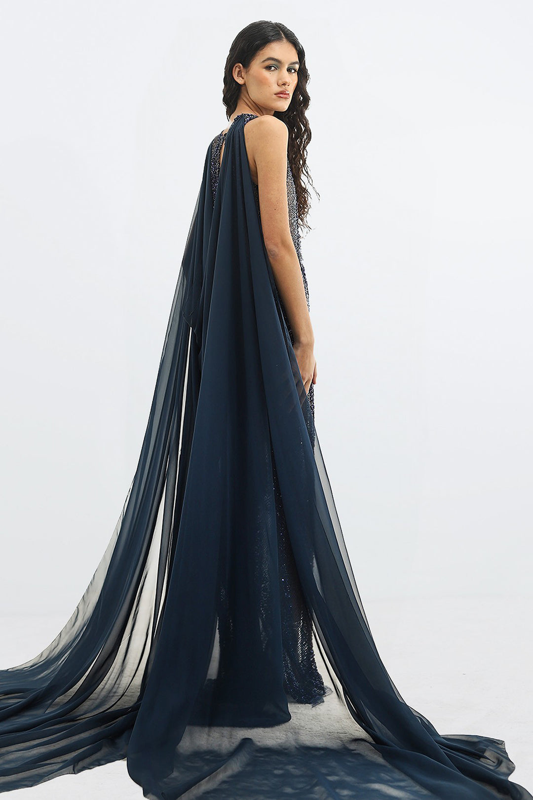 Crystal-Embellished  Long Dress with Cape