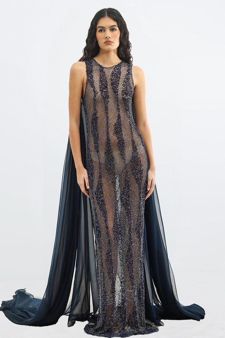 Crystal-Embellished  Long Dress with Cape