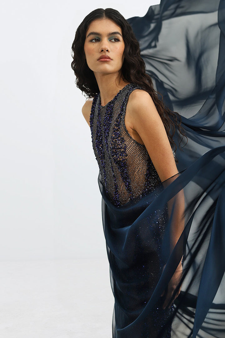 Crystal-Embellished  Long Dress with Cape