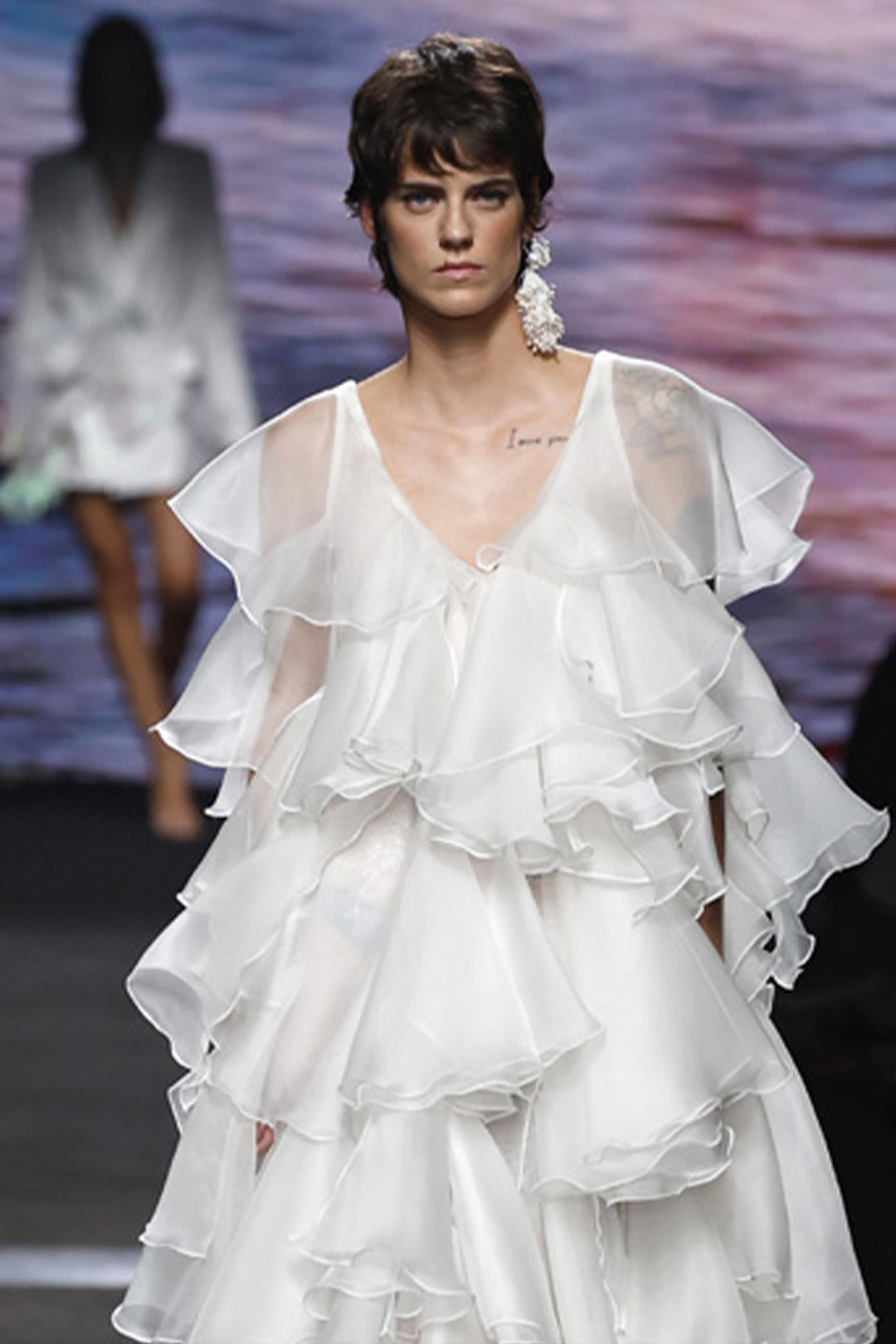 Organza Ruffled Dress with V-Neckline