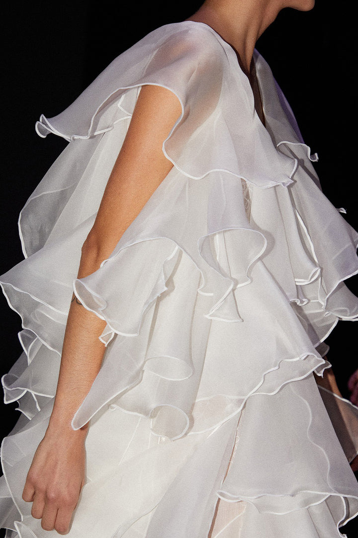 Organza Ruffled Dress with V-Neckline