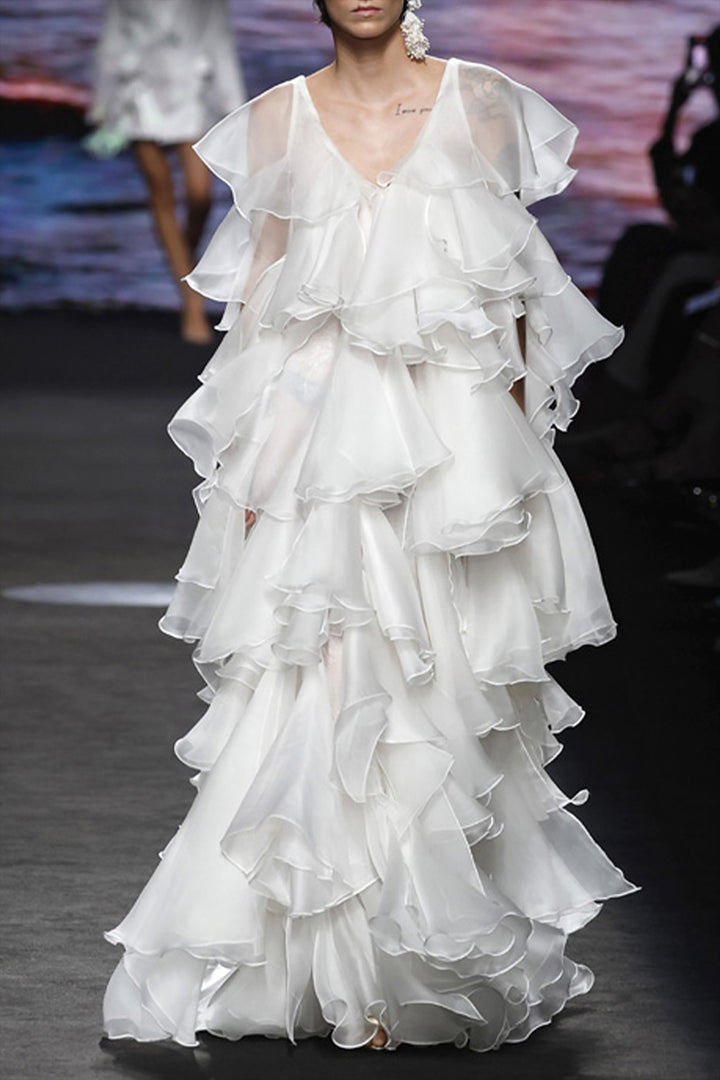 Organza Ruffled Dress with V-Neckline