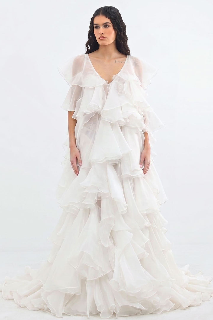Organza Ruffled Dress with V-Neckline