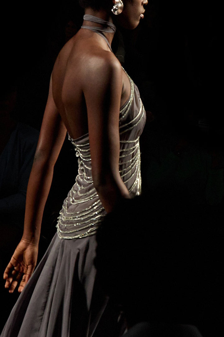 Tie-Neckline A-Line Dress with Metallic Strips