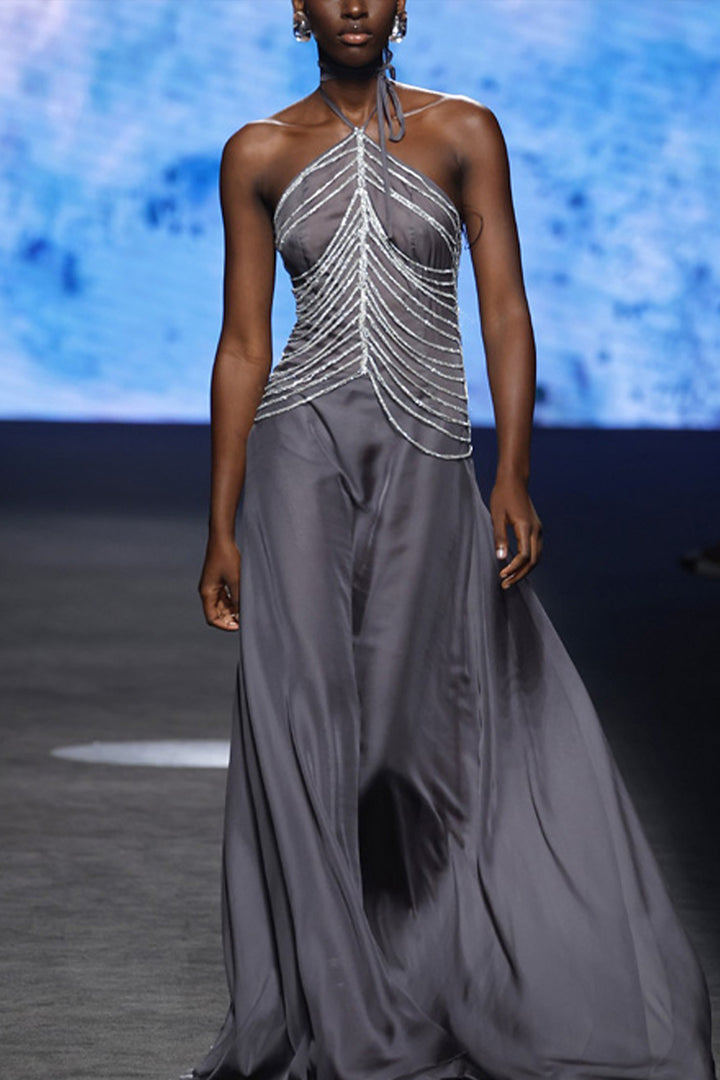 Tie-Neckline A-Line Dress with Metallic Strips
