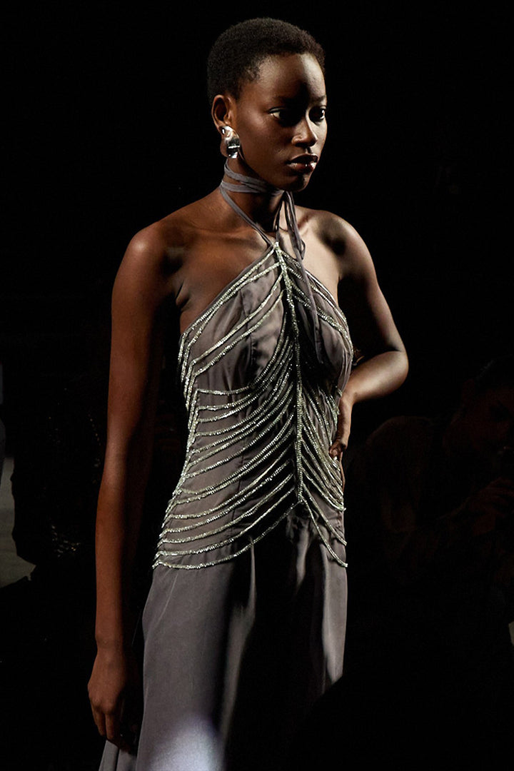 Tie-Neckline A-Line Dress with Metallic Strips