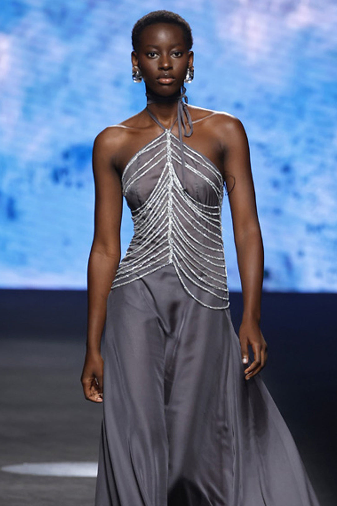 Tie-Neckline A-Line Dress with Metallic Strips