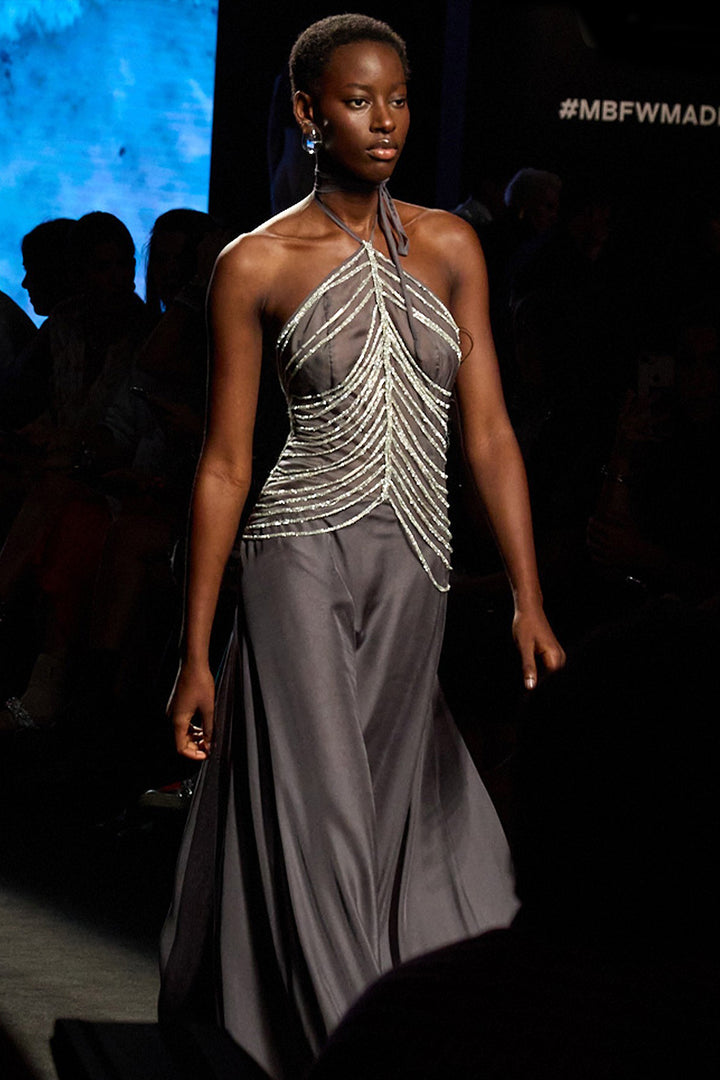 Tie-Neckline A-Line Dress with Metallic Strips