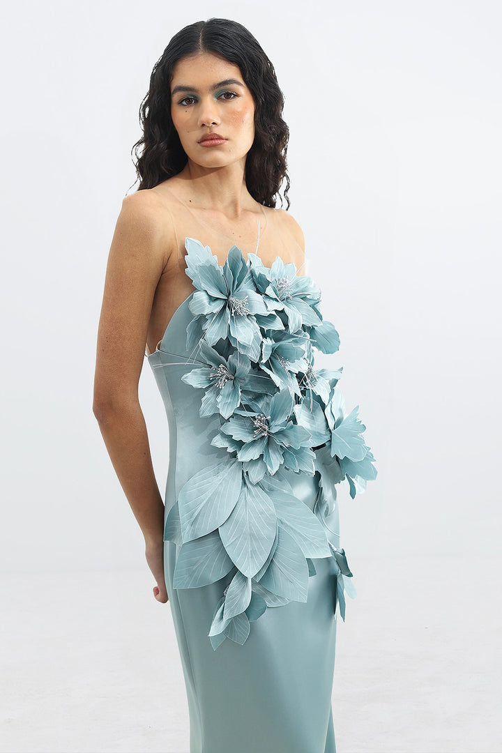 Strapless Crepe Satin Dress with 3D Flower Embellishments