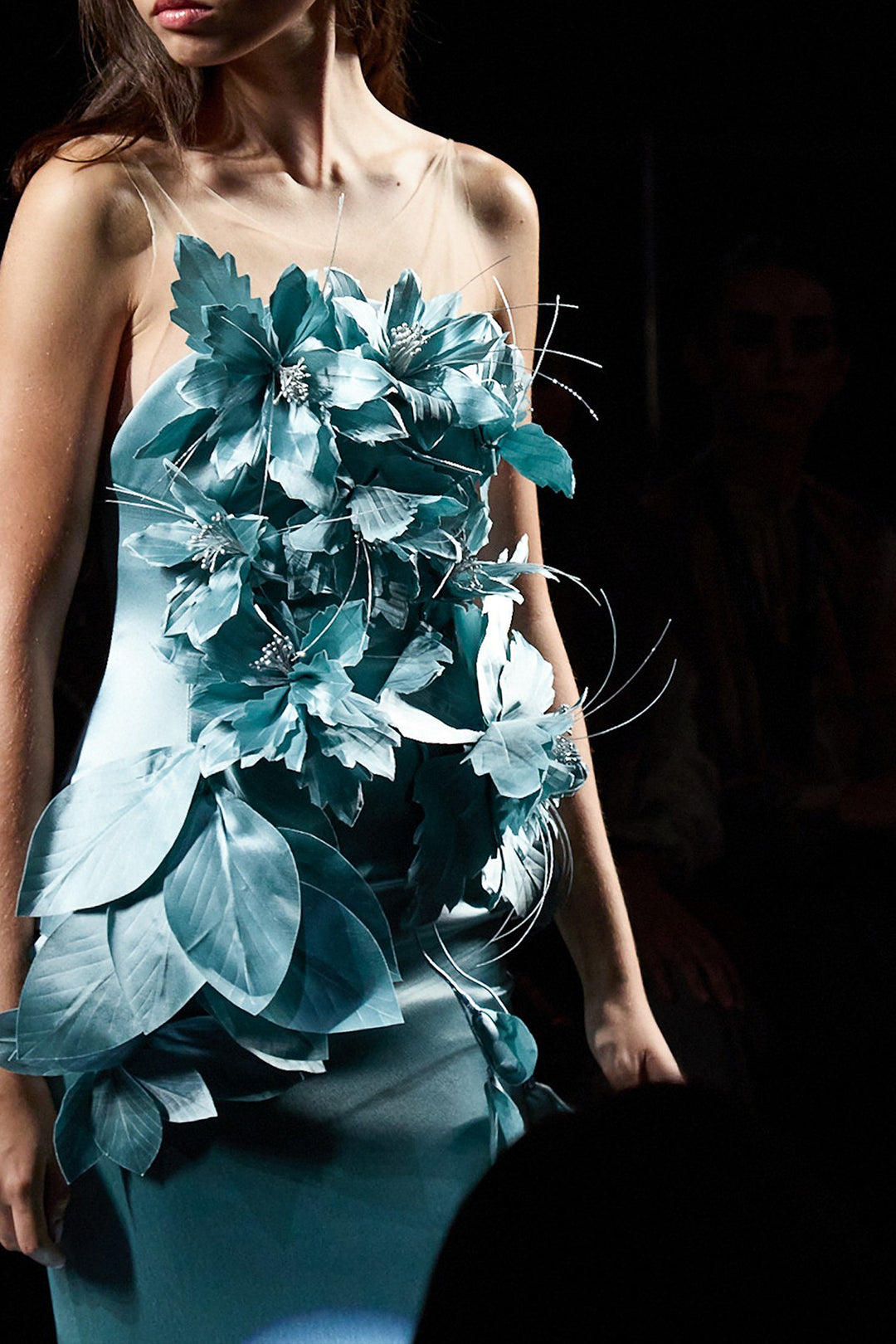 Strapless Crepe Satin Dress with 3D Flower Embellishments