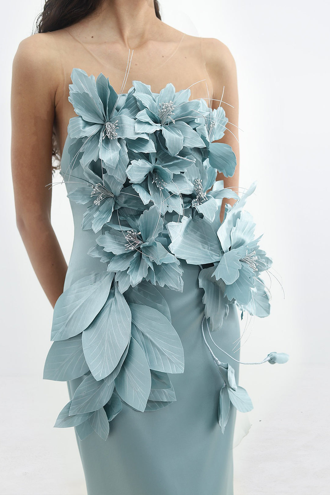 Strapless Crepe Satin Dress with 3D Flower Embellishments