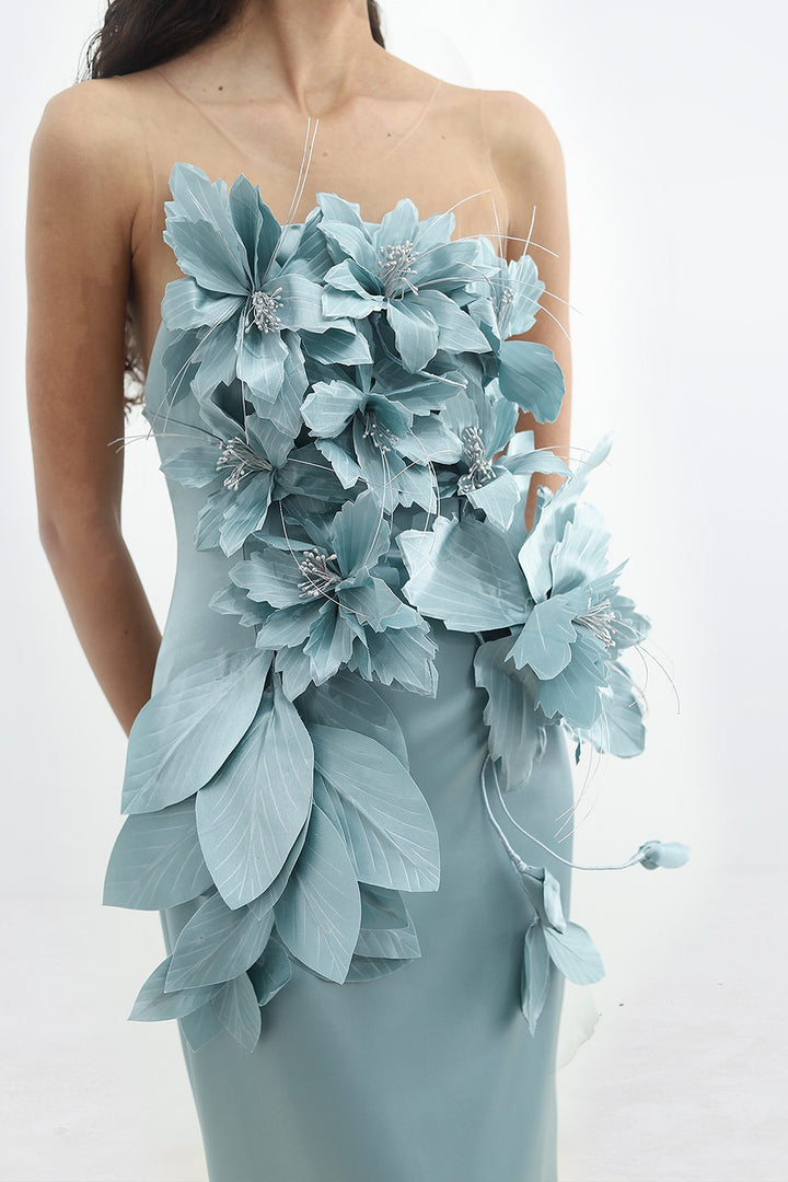 Strapless Crepe Satin Dress with 3D Flower Embellishments
