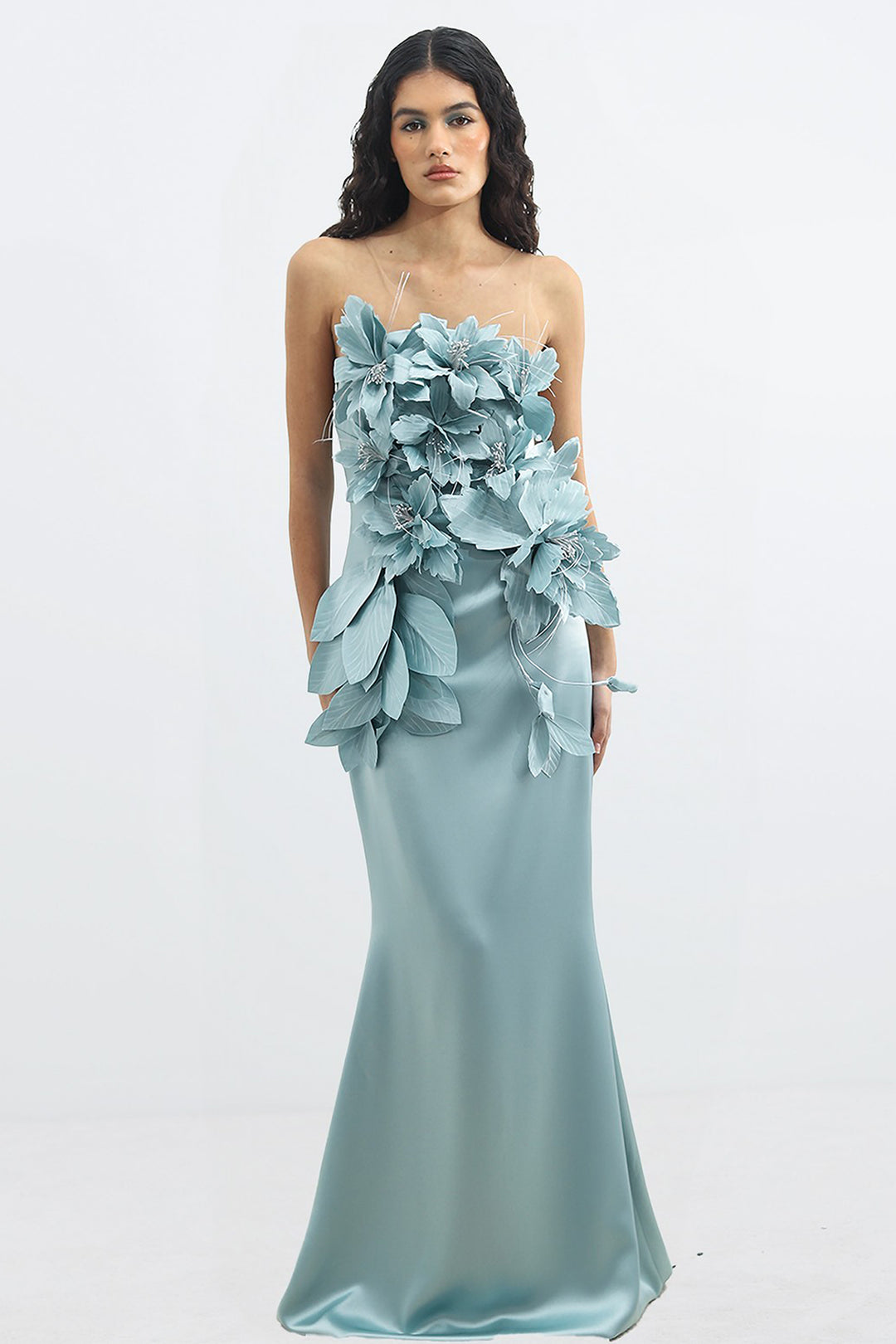 Strapless Crepe Satin Dress with 3D Flower Embellishments