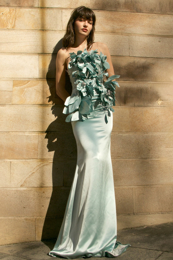 Strapless Crepe Satin Dress with 3D Flower Embellishments