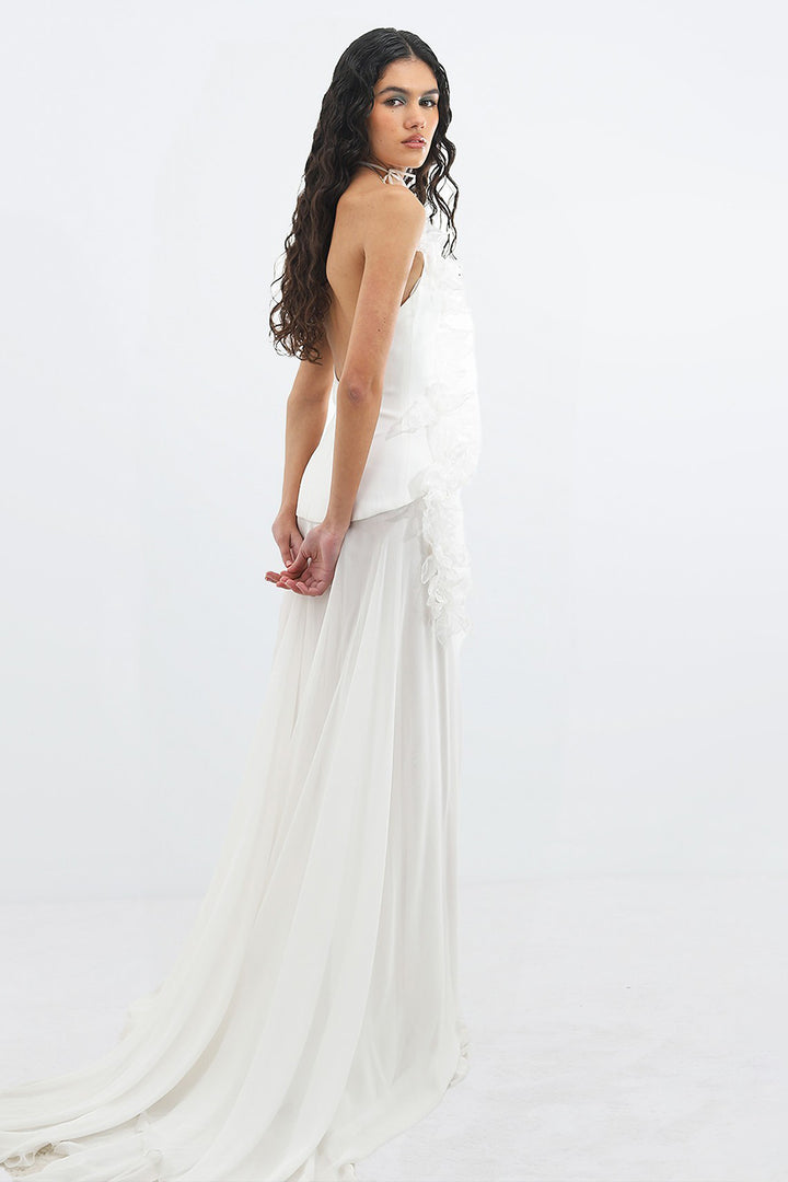 Silk Muslin Dress with Tied Neckline and 3D Floral Pearls