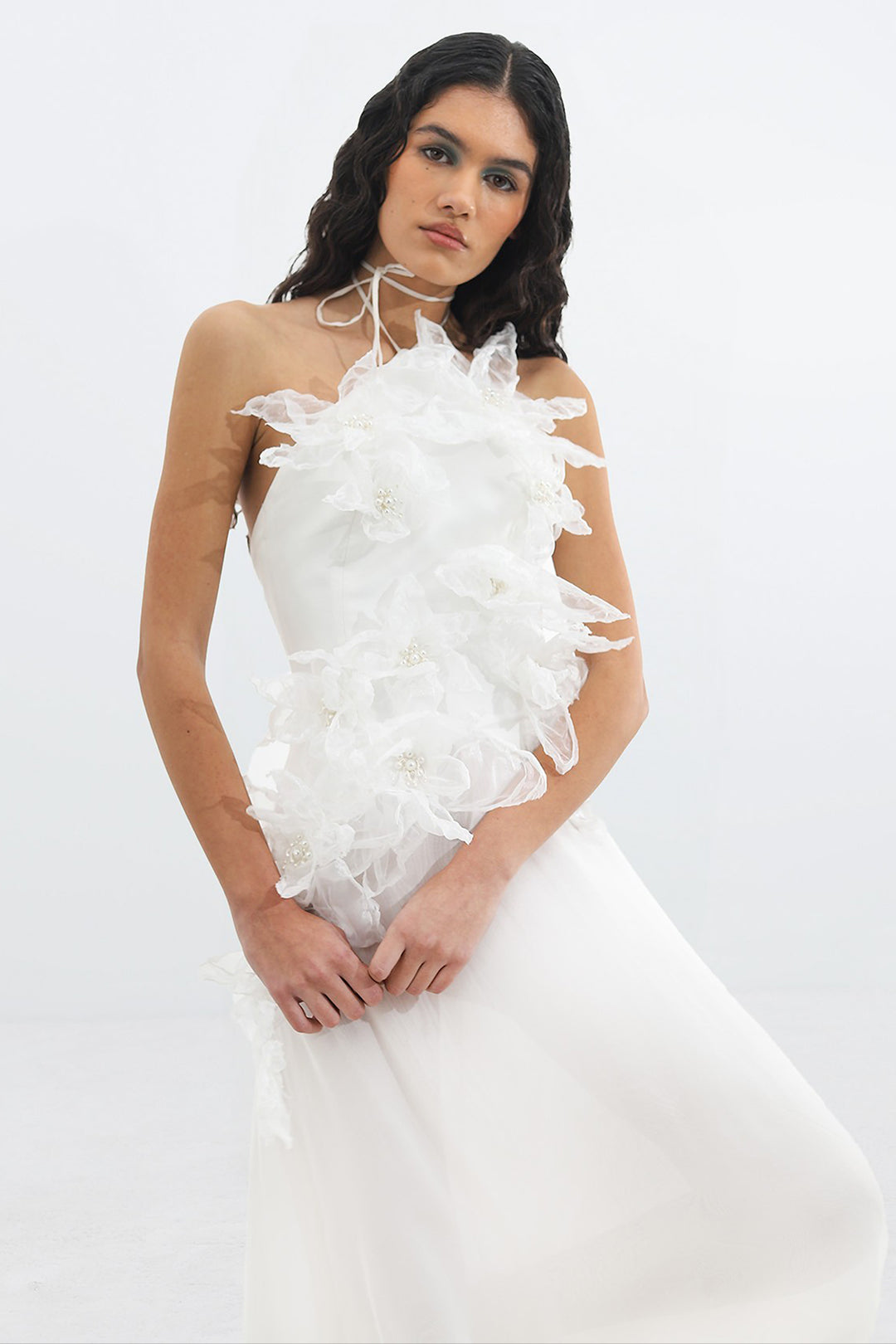 Silk Muslin Dress with Tied Neckline and 3D Floral Pearls