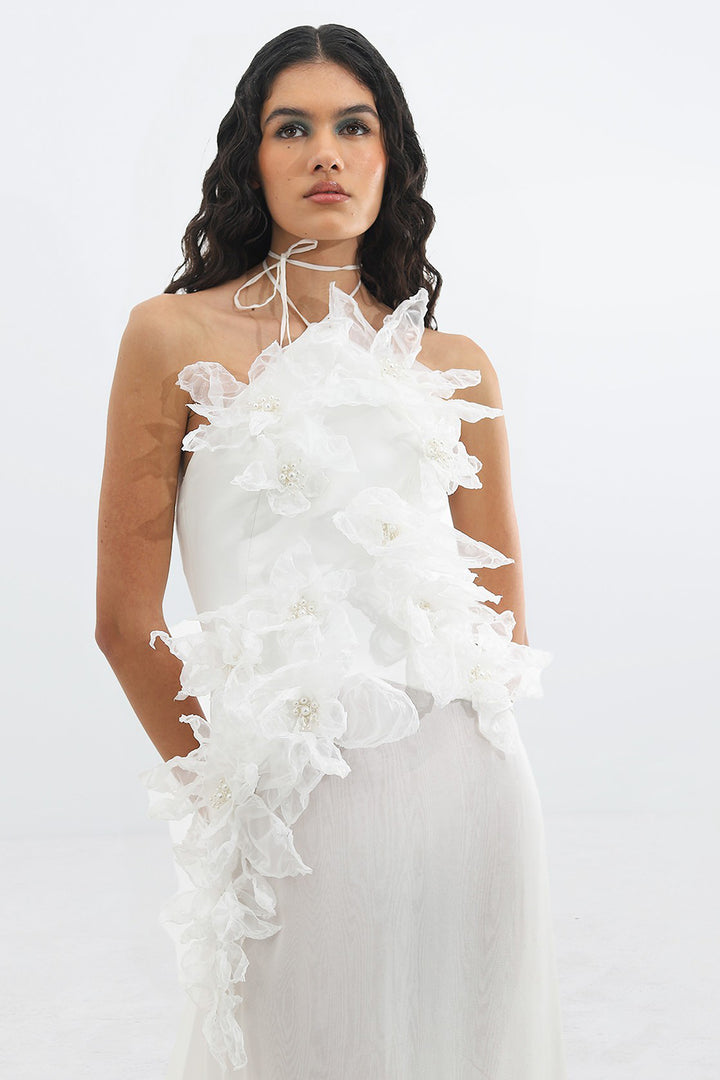 Silk Muslin Dress with Tied Neckline and 3D Floral Pearls