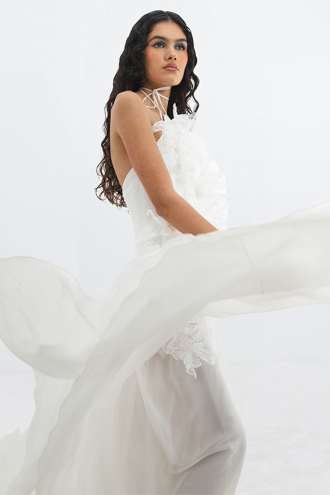 Silk Muslin Dress with Tied Neckline and 3D Floral Pearls