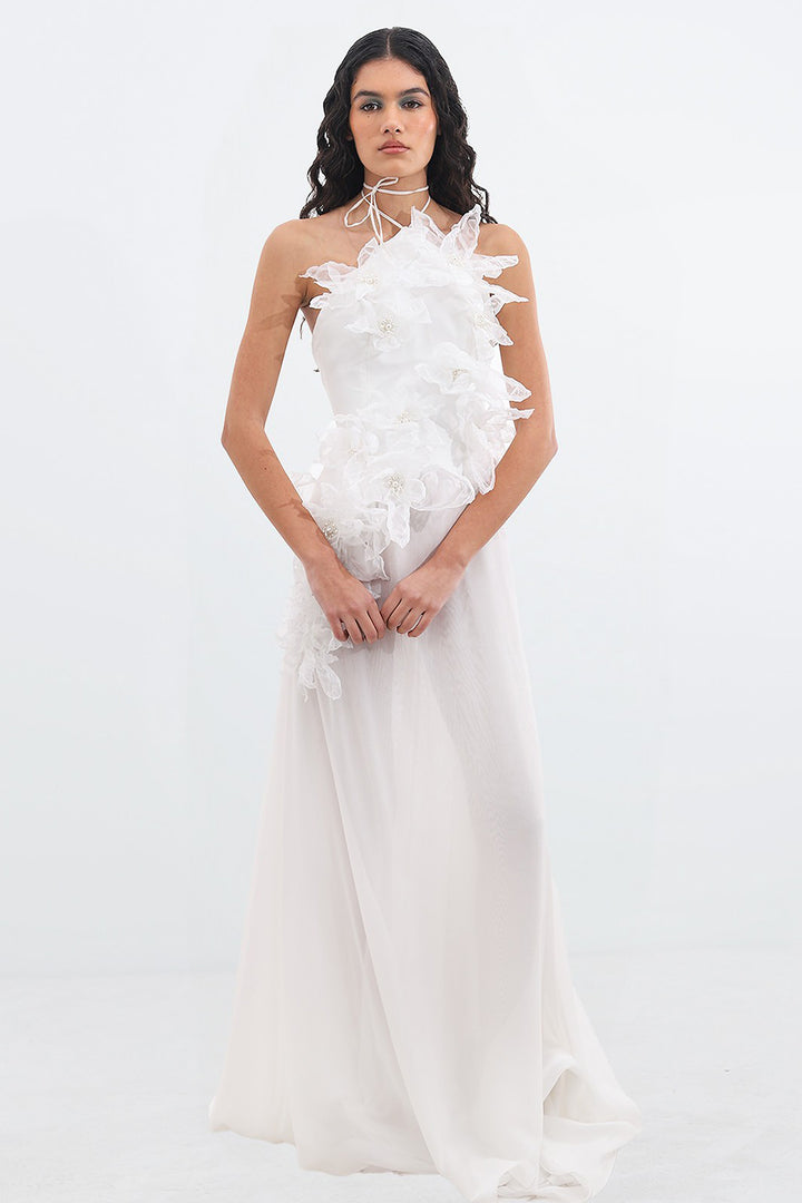 Silk Muslin Dress with Tied Neckline and 3D Floral Pearls