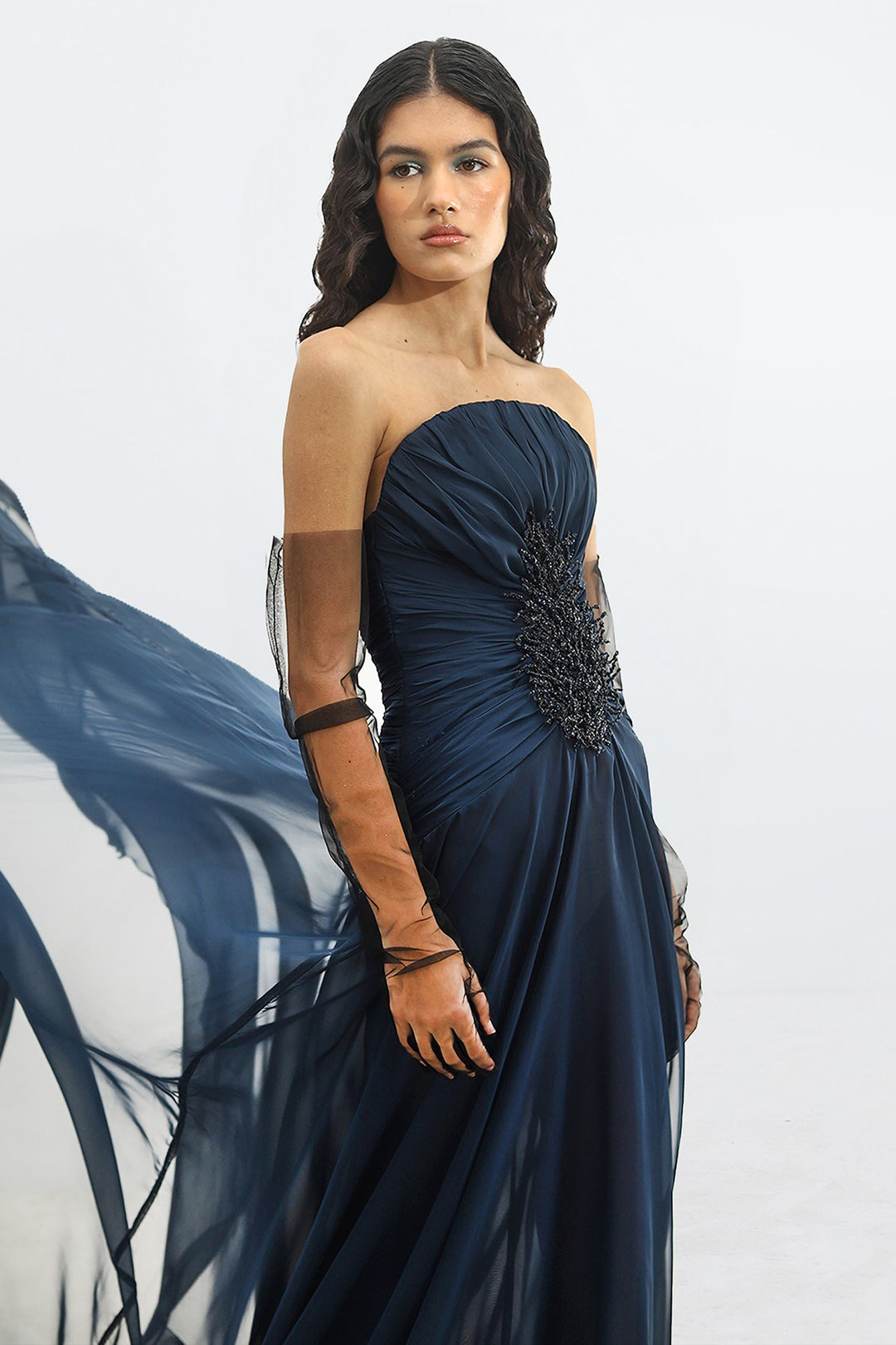 Strapless Long Dress with Waist Appliqué Details