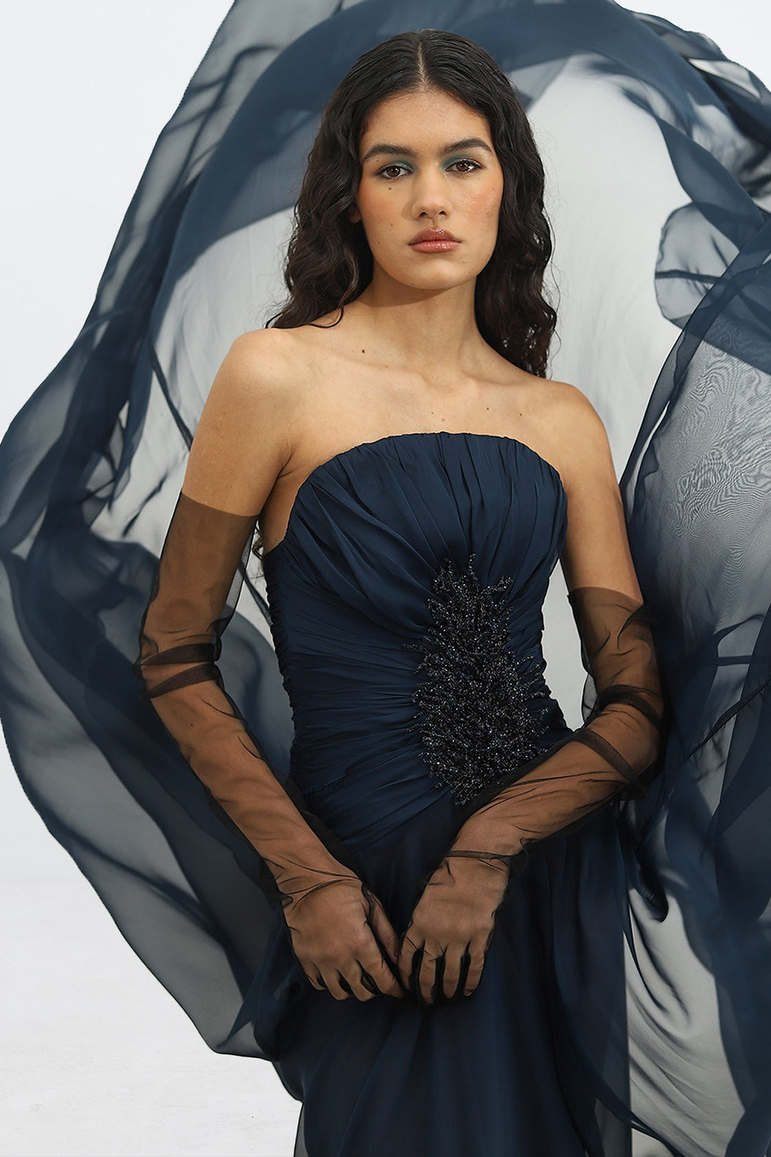 Strapless Long Dress with Waist Appliqué Details